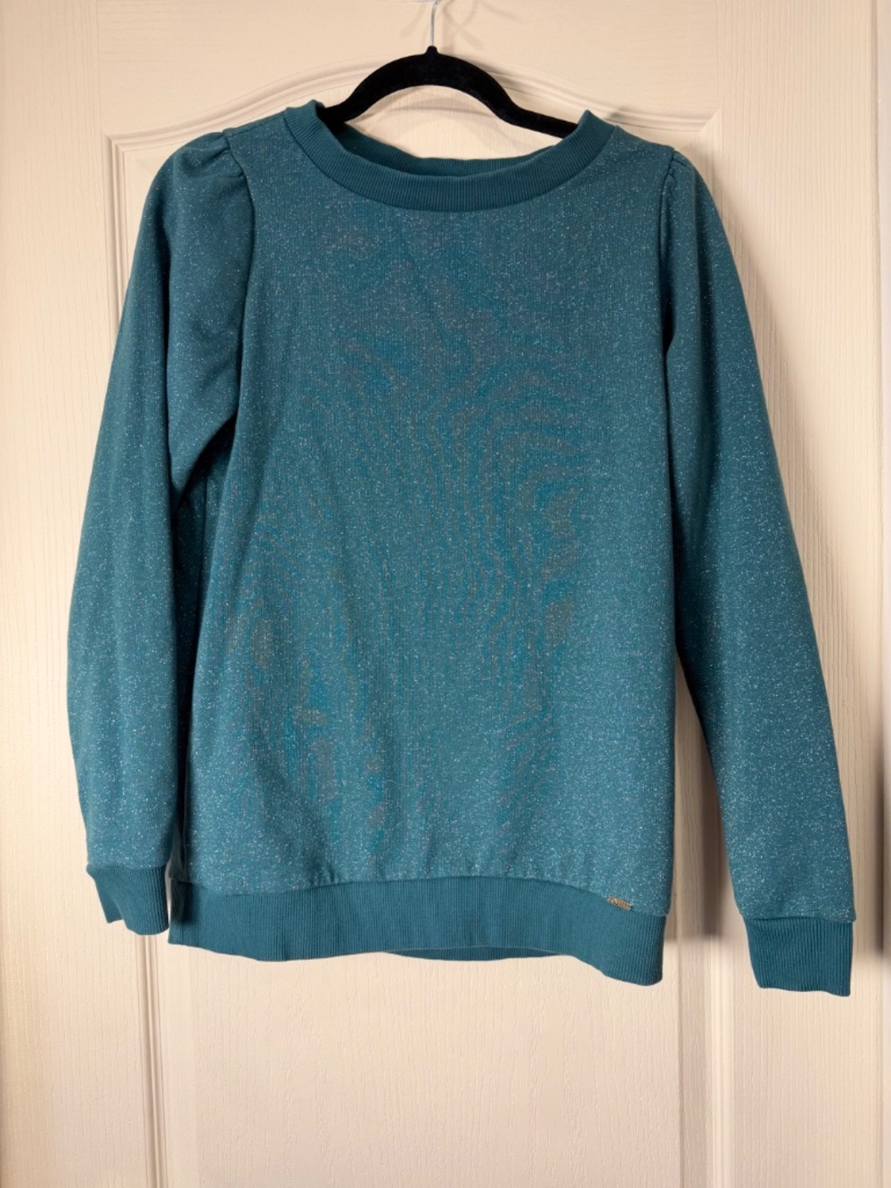 Cyell Green Metallic Lurex Sweatshirt EU 38 Puff Sleeve Cotton Blend Holiday Shi